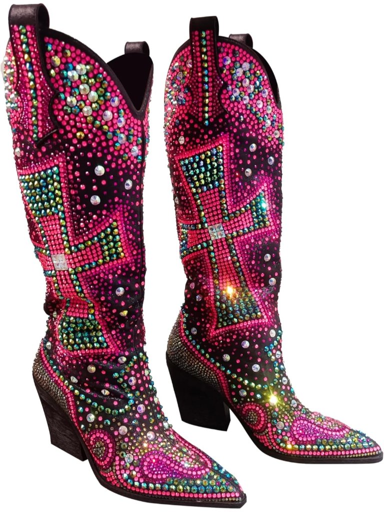 Women's Multi Black Rhinestone Cross Western Pointed Toe Knee High Cowgirl Boots